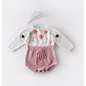 Pull bébé tricot automne – Body brodé fleurs, col rond, manches longues (garçon/fille)