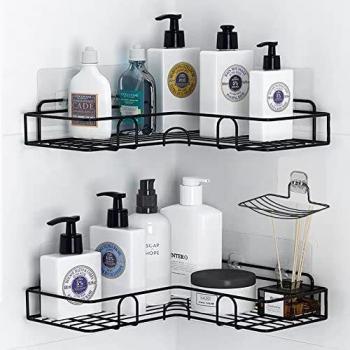 Shower Storage Caddy, RCQD Bathroom Storage, Bathroom Accessory with Hooks/Soap Tray, Wall Mounted Bathroom Shelves with Adhesive, Shower Shelf for Toilet, Dorm and Kitchen Accessories (Matte Black)