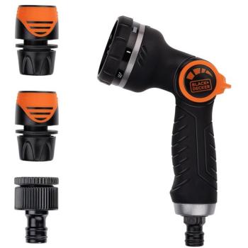 Pistolet à eau BLACK+DECKER 3‑tuyaux, réglable, design noir/orange