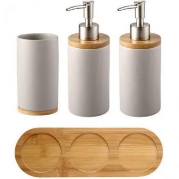 Bamboo Soap Dispenser and Toothbrush Holder Set