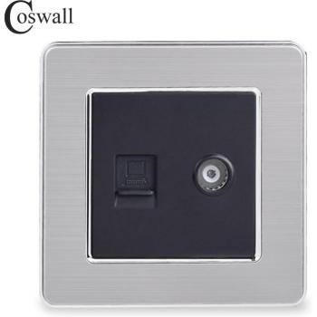Conector de pared COSWALL para ordenador con salida TV, RJ45 CAT5E, panel acero cepillado