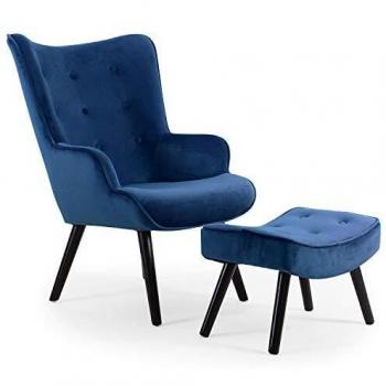 Fauteuil Scandinave + Pouf en Velours Bleu