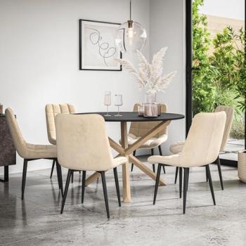 Malvern Oval Dining Collection – Beige Velvet Chairs, Solid Oak Legs, Black Table