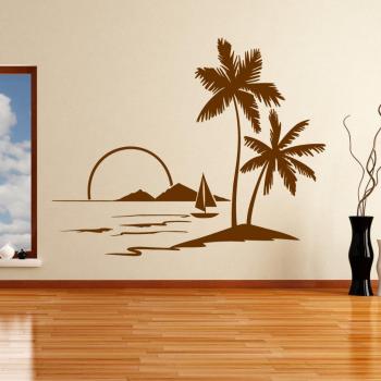 Sticker Muro di Palme Tropicali al Tramonto con Nave