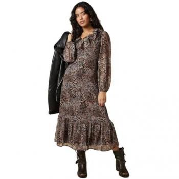 Petite Women's Leopard Print Chiffon Ruffle Neck Long Sleeve Midi Dress