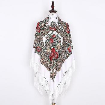 Écharpe blanche JM68 – Couverture d’hiver châle national russe Babouchka, surdimensionnée, franges et motif éthique