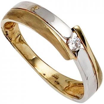 56 mm Goldring für Damen – Gelbgold/Wei­ßgold mattiert, 1 Zirkonia‑Inlay