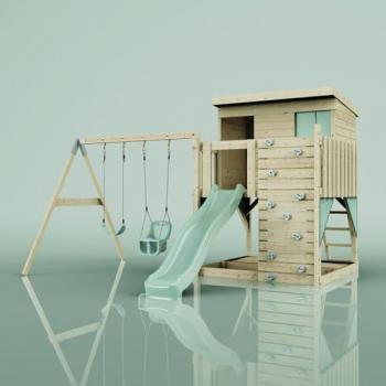 PolarPlay Rebo Nils Adventure Platform & Playhouse – Two Swings + Baby Seat – Mint Green