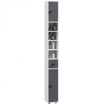 Meuble colonne moderne 2 portes, 2 étagères, 4 niches et tiroir – Panneaux blanc-gris, poignées métal noir