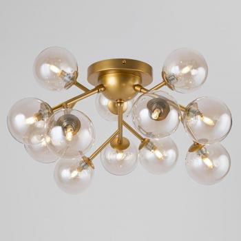 Maytoni Dallas Semi Flush Ceiling Lamp, 20 Light, G9, Gold Finish, Metal Frame, Molecule Shape, Transparent Toned Glass Shades
