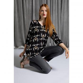Maglia fluente nera con maniche a 3/4 e scollo a V, stile Art Nouveau, Taglia 52/54, Viscosa, Ulla Popken