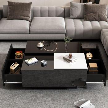 Tavolino quadrato lucido nero 75x75x33,5 cm con ripiani e piano scorrevole a contrasto (supporto 30 kg)