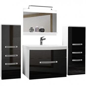 BELINI Kit Salle de Bain, Lavabo, Miroir et 2x Cabinets, 140 cm, Noir Éclatant