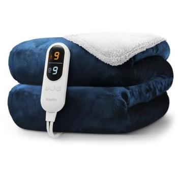 WarmNest Navy Fleece‑Wool Throw with 9 Heat Modes