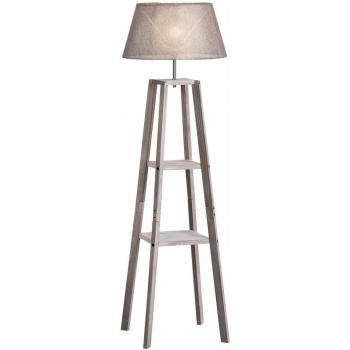 Legno Luminoso – Lampada da terra a tre ripiani con paralume tessuto