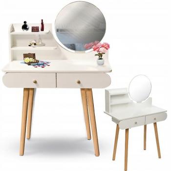 Tableau de coiffure nordique en bois blanchi, miroir élégant, rangements à l'intérieur