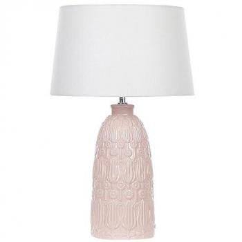Lampada da tavolo in ceramica rosa con paralume in tessuto bianco