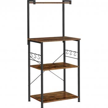 Estante Rústico de Cocina, Almacenamiento de 3 Niveles con Ganchos, Ideal para Microondas y Especias