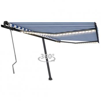 VidaXL 400x350 cm Manual Awning with LED Lighting in Blue and White