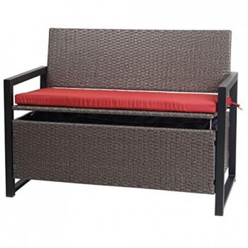Banc de jardin en poly-rattan 2 places C-F39, coffre de rangement, coussin d'assise gris chiné, coussin rouge
