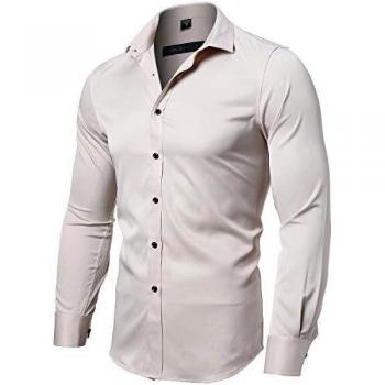 INFLATION Men's Bamboo Slim Fit Long Sleeve Shirt, Beige, Size XL