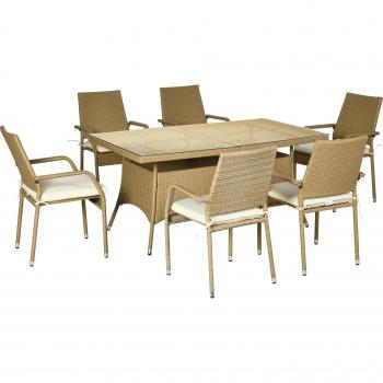 Set da Giardino in Rattan da 7 Pezzi con Tavolo Rettangolare e 6 Sedie da Pranzo con Cuscini Imbottiti, Color Sabbia e Beige