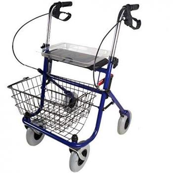 Andador plegable con asiento y cesta azul