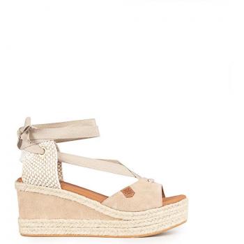 Sandalias de cuña Popa Valdes Serraje de piel para mujer en color beige con atado de lazada