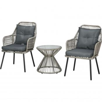 Garten‑Bistro Set (Stahlrahmen) – 2 Sitze + 1 Tisch, inklusive grauer Polster