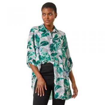 Leaf Print Button Detail Sleeve Shirt – Women’s Green, Size 14