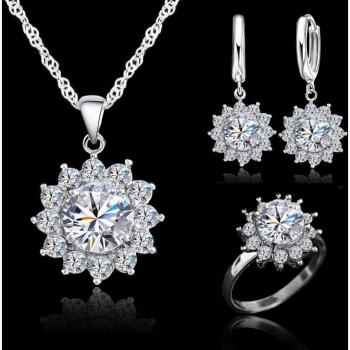 Conjunto de joyas de plata de ley 925 con circonita cúbica, girasol, incluye pendientes, colgante, collar y anillos (tamaños 5-9)