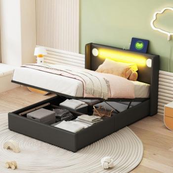 Lit Électro‑LED Noir 90x200 cm, Bluetooth/USB, Sommier Latten – Similicuir