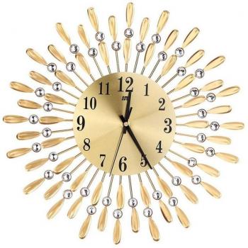 Horloge Murale 3D Dorée en Forme de Soleil avec Strass