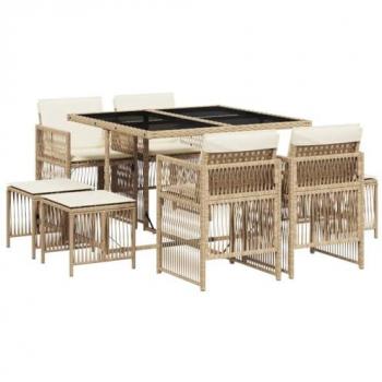 Tavolo da Campo 9 pz in polirattan con cuscini beige
