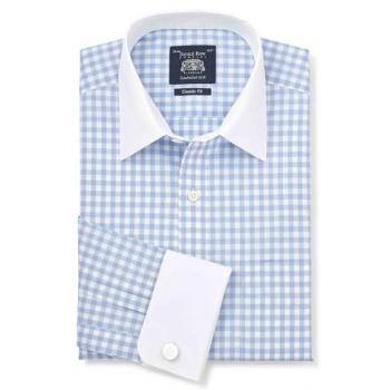 Savile Row Company Herrenblueshirt Classic Fit mit Gingham-Check aus Baumwolle – Winchester Double Cuff – Größe 39R