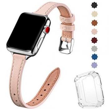 SUNFWR Compatible with Apple Watch Strap 38mm 40mm 42mm 44mm, Genuine Leather Strap Replacement, Slim&Thin Wristband for iwatch Series 6/5/4/3/2/1,SE (Pink Sand & Silver)