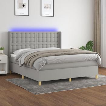 Lit box spring avec matelas et éclairage LED gris clair 160x200 cm tissu