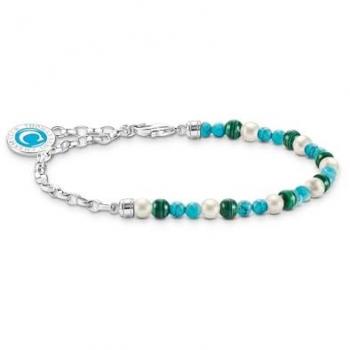 Thomas Sabo Women's Charm Bracelet with White Pearls, Malachite and Silver Charmista Coin