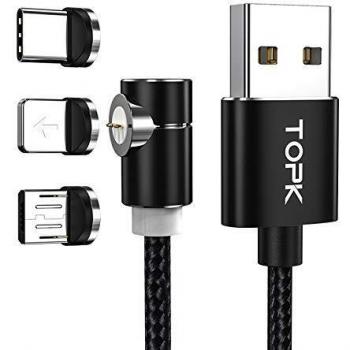 TOPK Magnetisches USB‑C Synckabel 2 m – 90° Runddesign, Kompatibel mit i‑Product und Micro‑USB