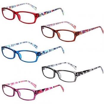 Reading Glasses 5 Pairs Stylish Pattern Frame Readers Quality Fashion Ladies Glasses for Women (+1.25, 5 Pairs Mixed Colors)
