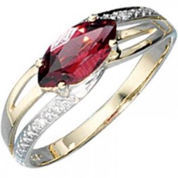 Jobo Goldbänder Ring für Damen – 585 Gold Gelbgold, 2 Diamanten + 1 Granat