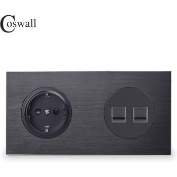 Coswall Black Aluminum Wall Socket with 2 Gang CAT5E RJ45 Internet Jack, R12 Series, 172x86mm