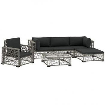 Elegantes 6-tlg. Garten-Lounge-Set mit grauen Poly Rattan Auflagen