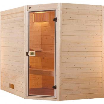 WEKA Valida 4 Eck – Massivholz‑Sauna mit 9,0 kW Klassikofen, Glastür, 239 × 189 cm