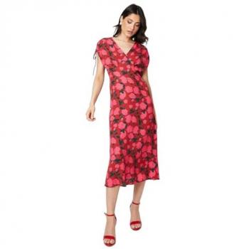 Size 14 Womens Red Floral V Neck Midi Dress