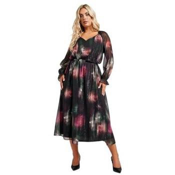 Yours Curve – Schwarzer Midaxikleid-Look mit Metallicblütenmuster und PU-Riemen, Damenplusgröße