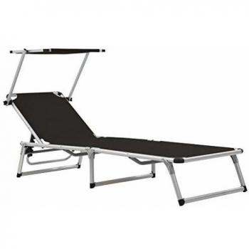 Сгъваем шезлонг със сенник, алуминий и Textilene, черен