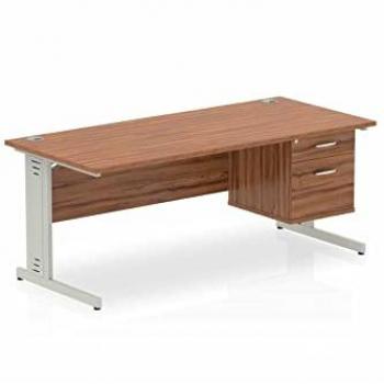 Dynamic Walnut Office Desk with Cable Management and Fixed Pedestal, 1600 x 800mm, Silver Frame