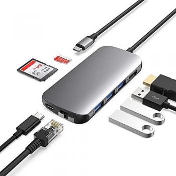 Adattatore USB‑C Dell/XPS con 8 porte: RJ45 1 Gbps, HDMI 4K, 2×USB 3.0, 1×USB 2.0, lettore schede + PD 100W