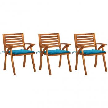 Sillas de comedor jardín con cojines 3 uds madera maciza acacia Azul